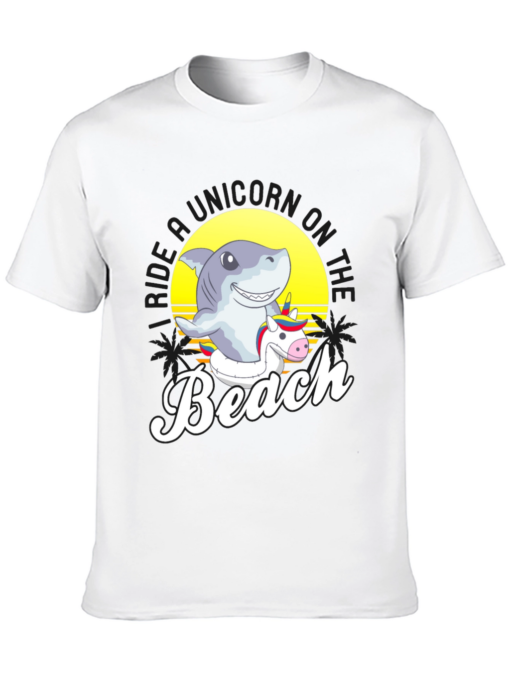 Shark Riding Unicorn Beach T-Shirt