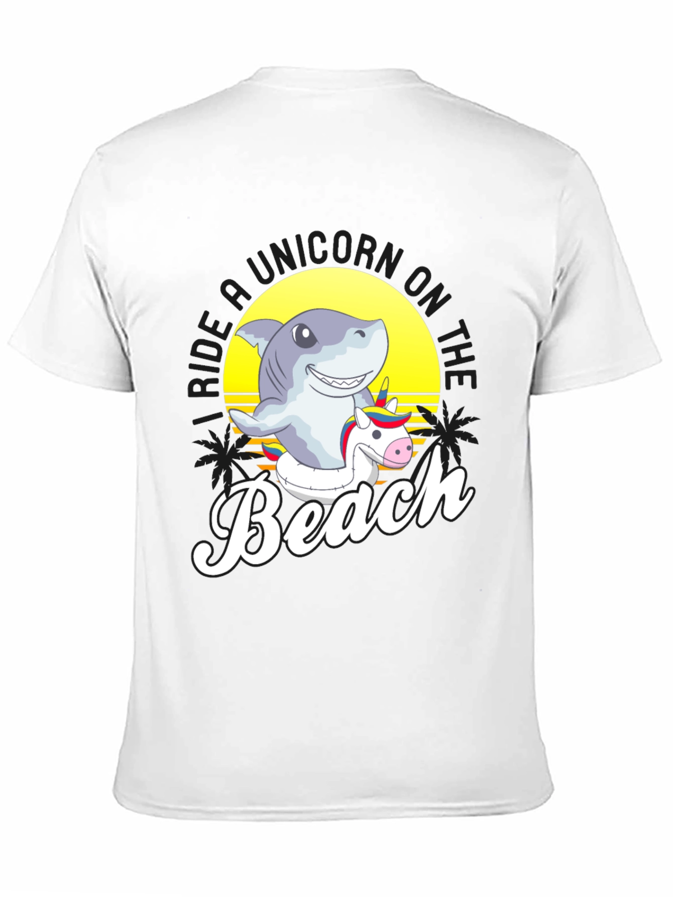 Shark Riding Unicorn Beach T-Shirt