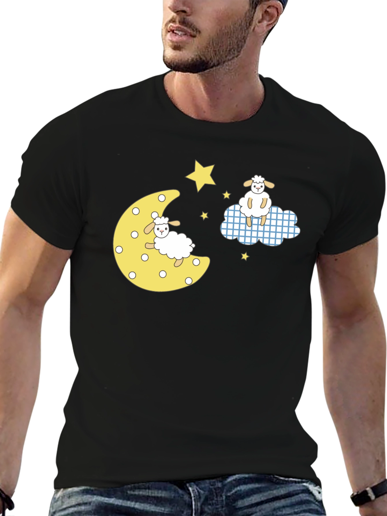 Dreamy Sheep Graphic Tee - Black Cotton T-Shirt