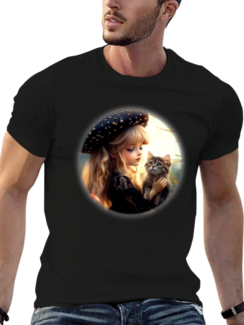 Girl and Kitten Black Graphic Tee