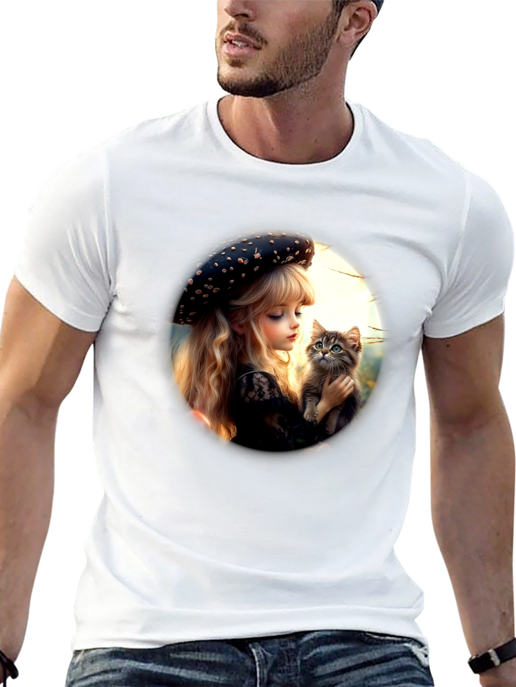 Girl and Kitten Black Graphic Tee