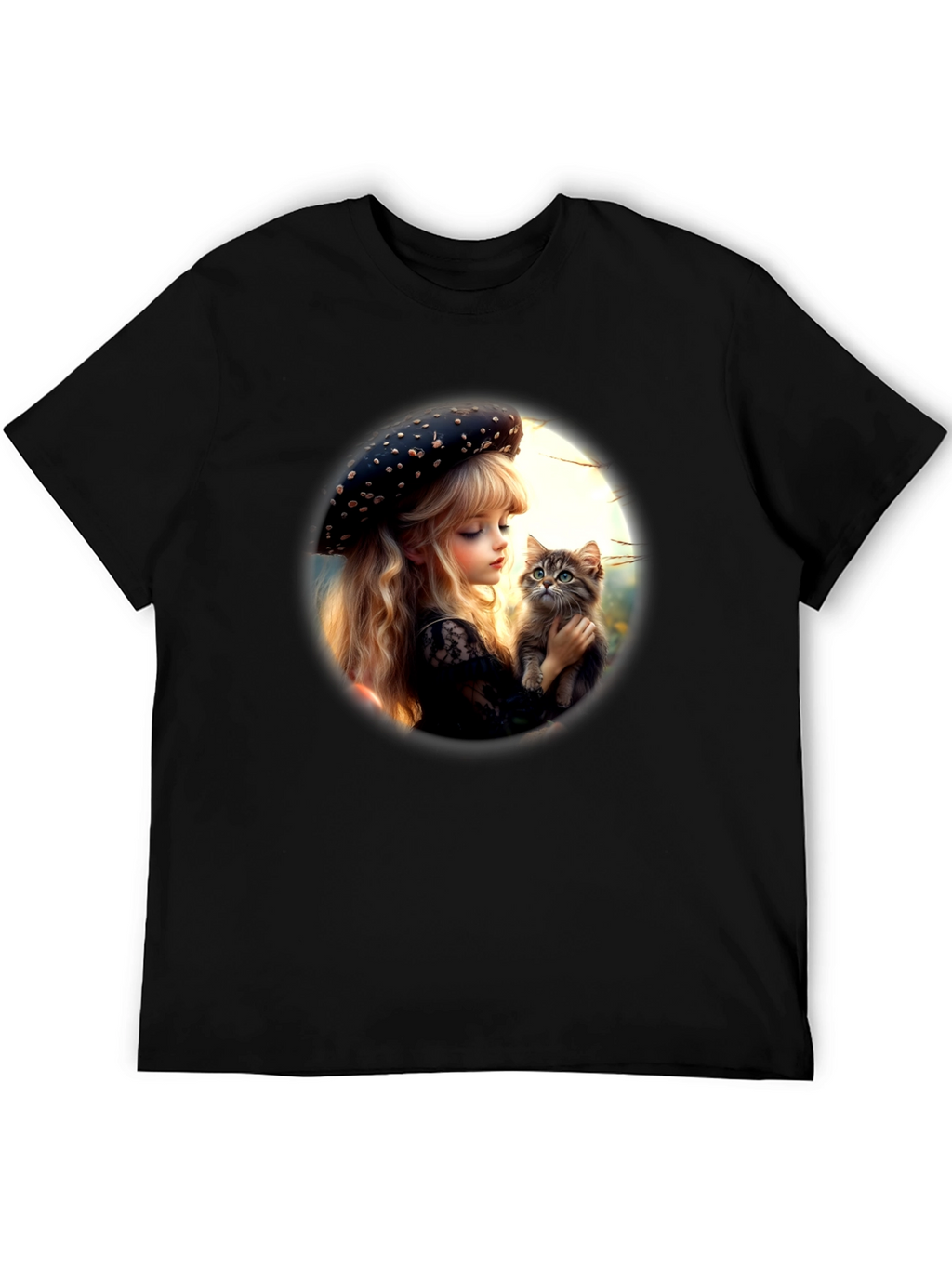 Girl and Kitten Black Graphic Tee