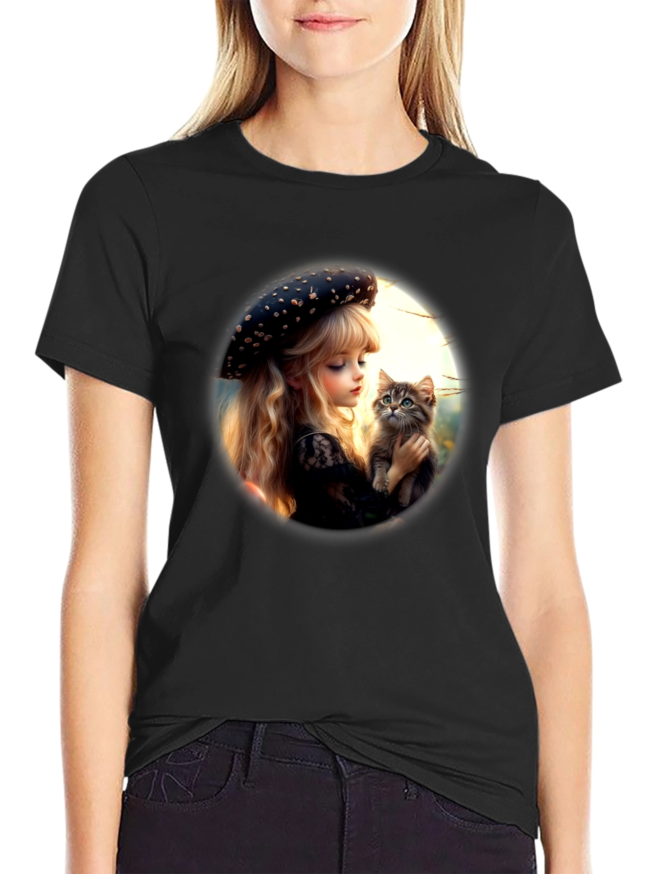 Girl and Kitten Black Graphic Tee