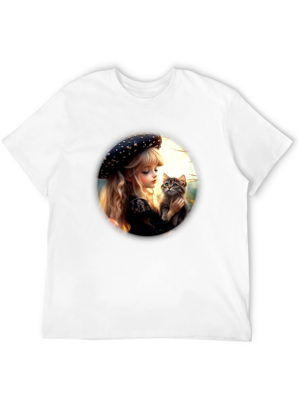 Girl and Kitten Black Graphic Tee