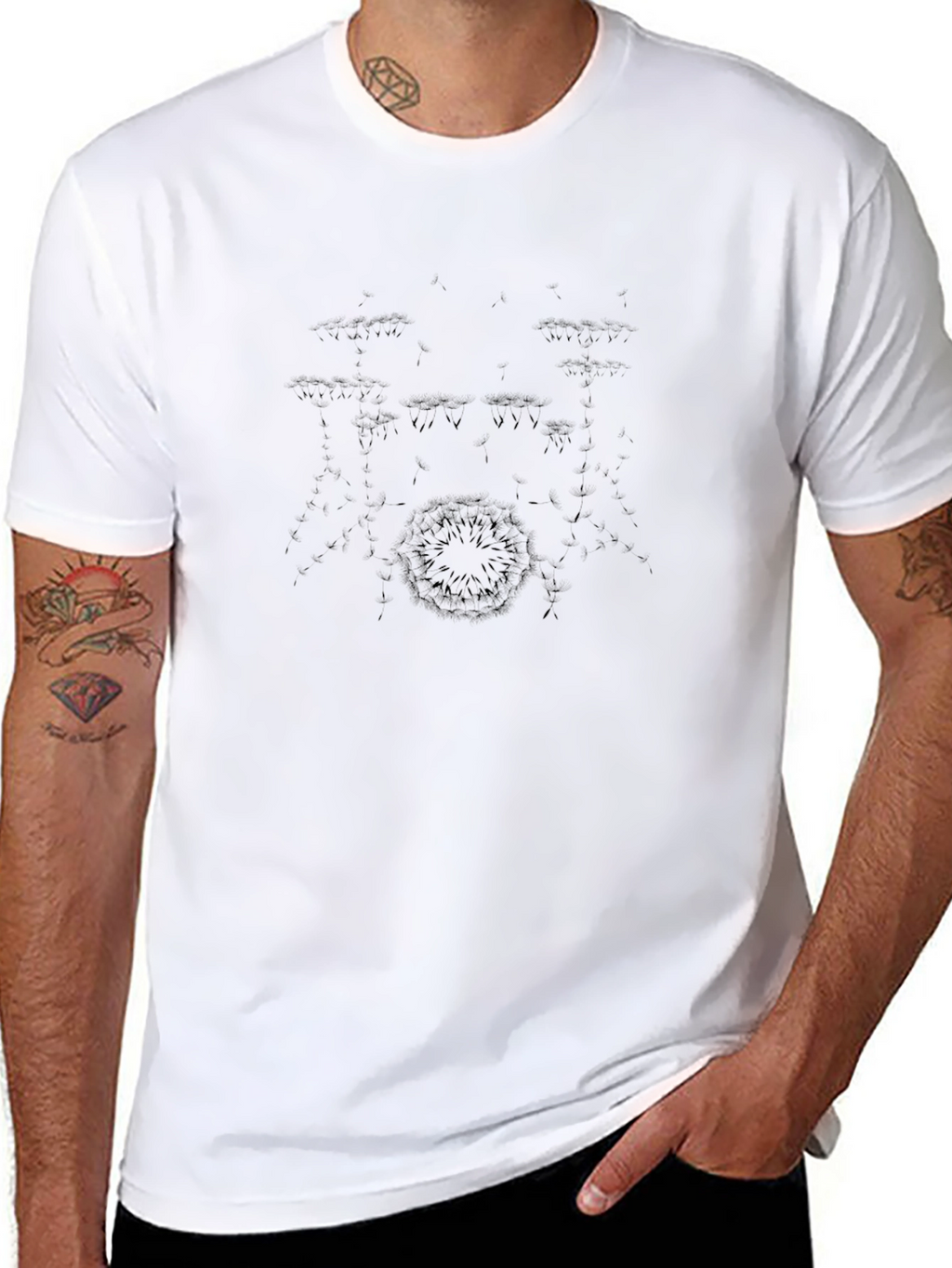 Mens Black Crewneck T-Shirt with Drum Kit Design