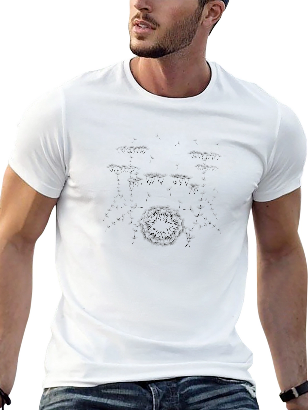 Mens Black Crewneck T-Shirt with Drum Kit Design
