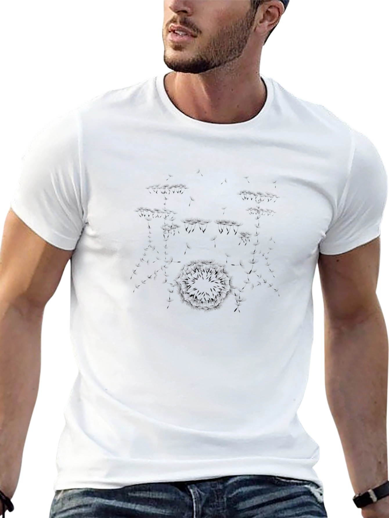 Mens Black Crewneck T-Shirt with Drum Kit Design