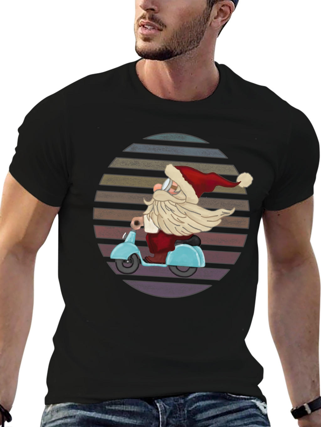 Santa Scooter Graphic Tee - Retro Christmas Style