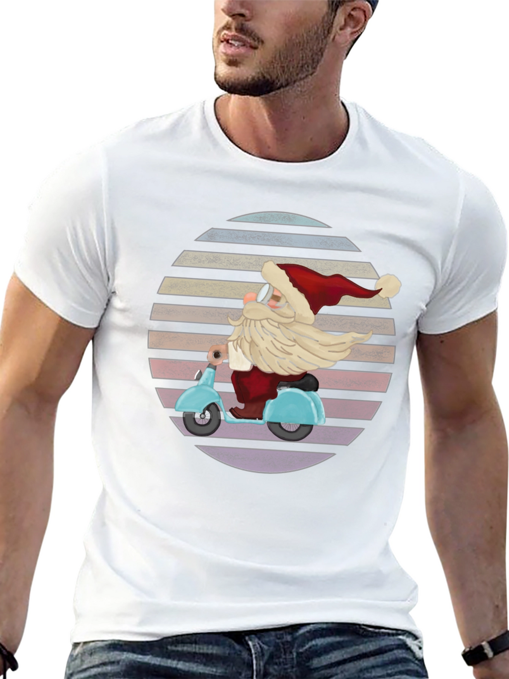 Santa Scooter Graphic Tee - Retro Christmas Style