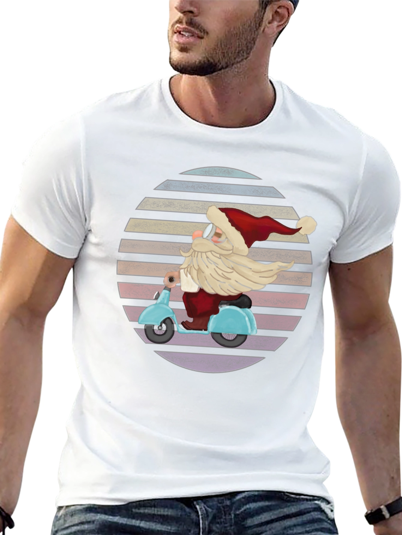 Santa Scooter Graphic Tee - Retro Christmas Style