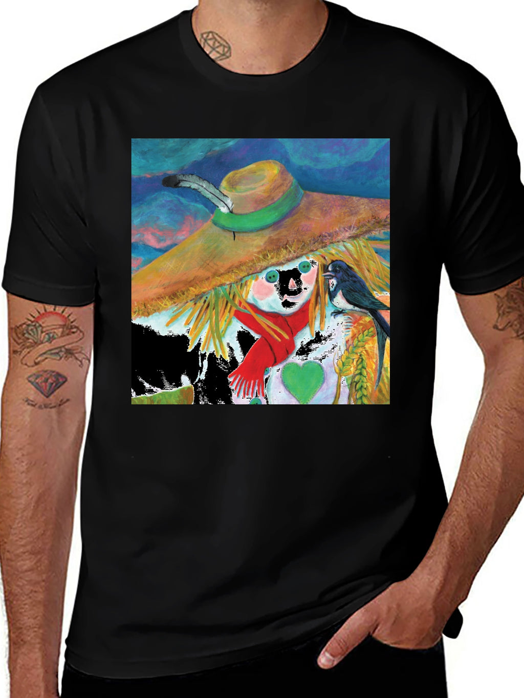 Scarecrow Art Graphic Tee - Whimsical Bird Design
