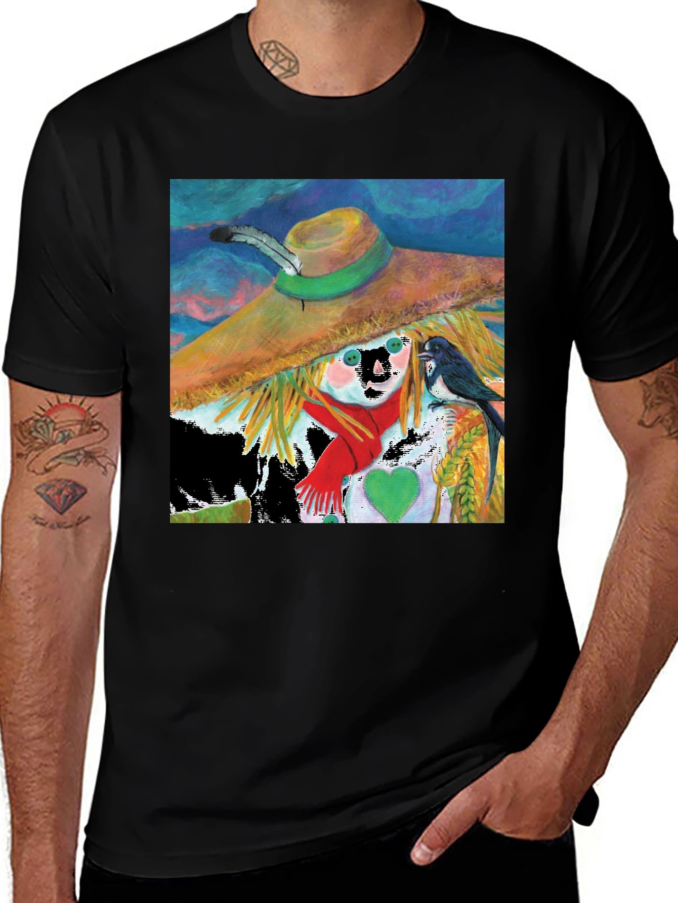Scarecrow Art Graphic Tee - Whimsical Bird Design