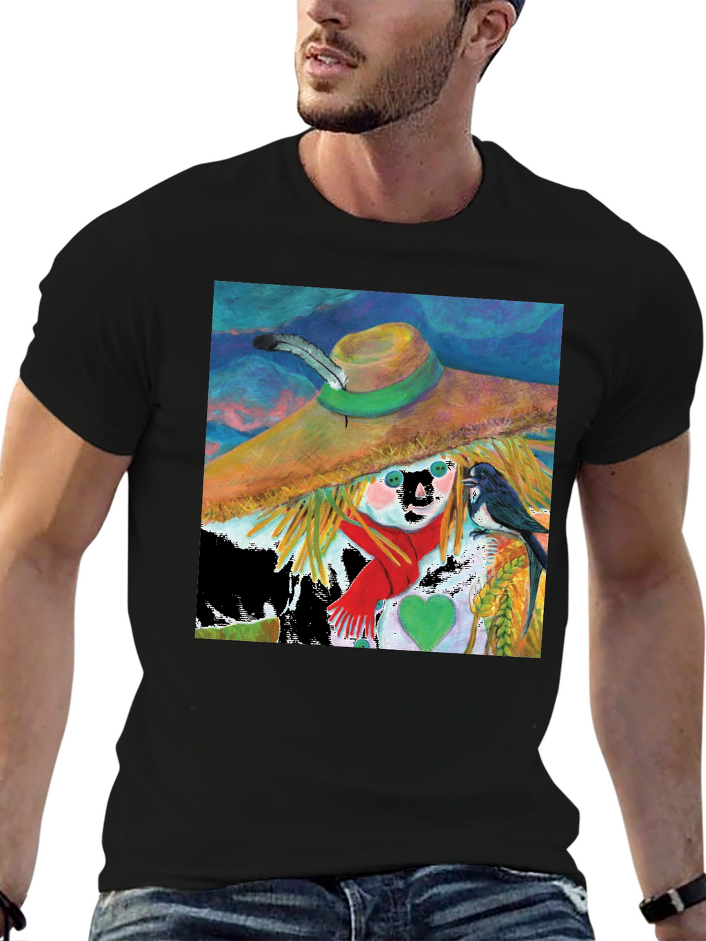 Scarecrow Art Graphic Tee - Whimsical Bird Design