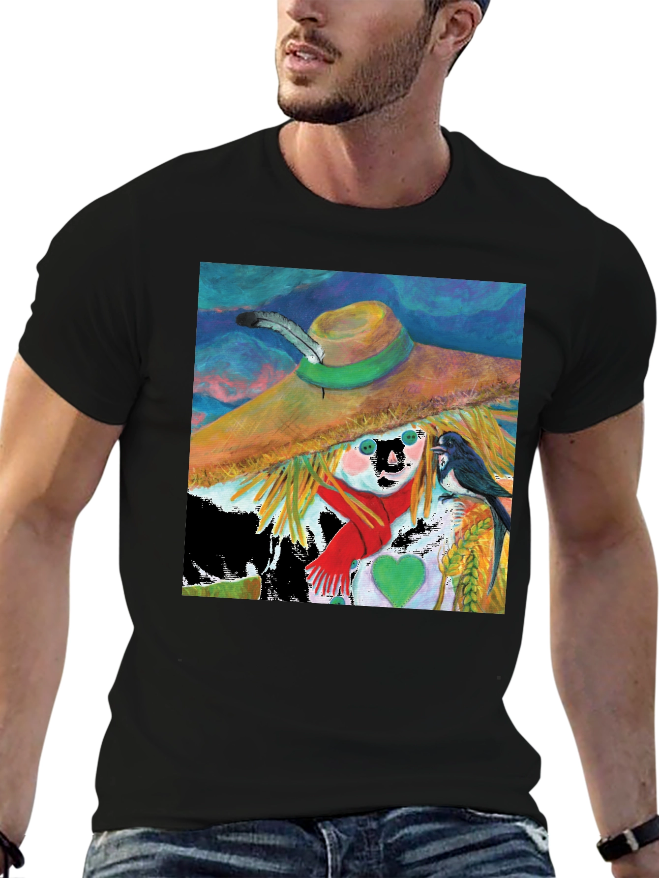 Scarecrow Art Graphic Tee - Whimsical Bird Design