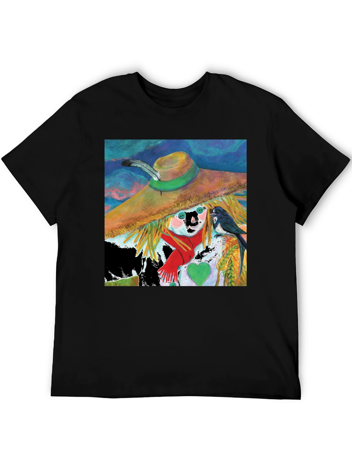 Scarecrow Art Graphic Tee - Whimsical Bird Design