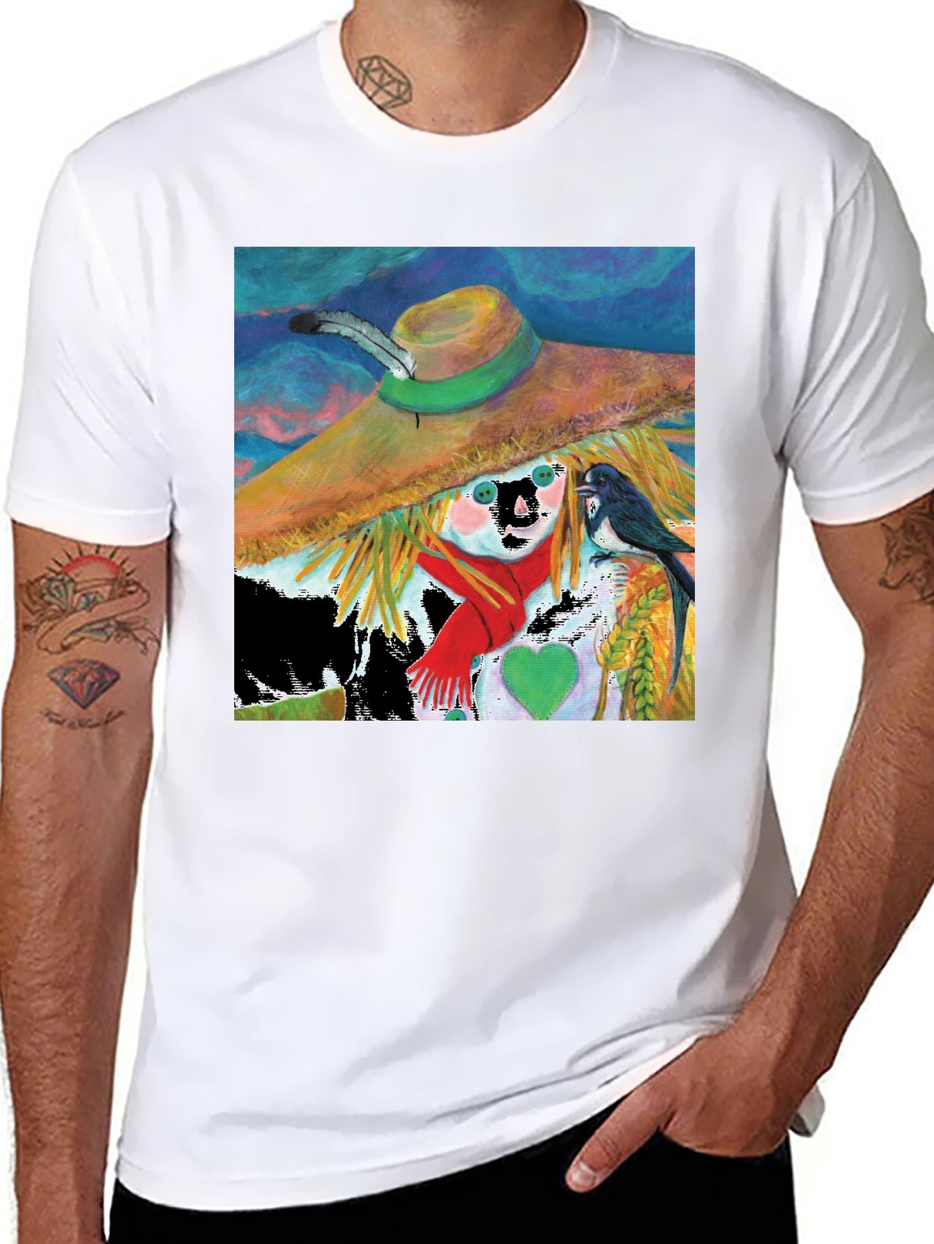 Scarecrow Art Graphic Tee - Whimsical Bird Design