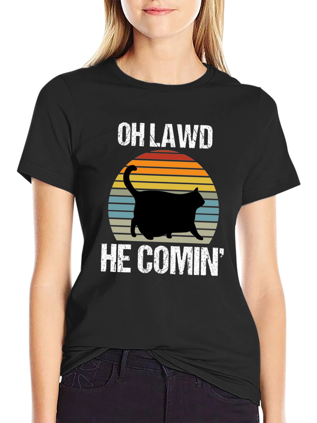 OH LAWD HE COMIN Black Cat T-Shirt