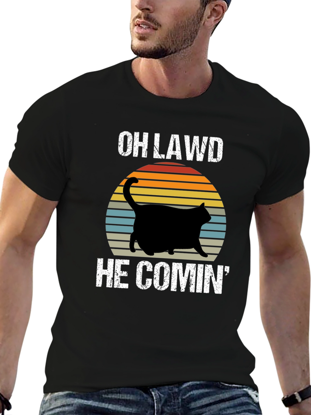 OH LAWD HE COMIN Black Cat T-Shirt