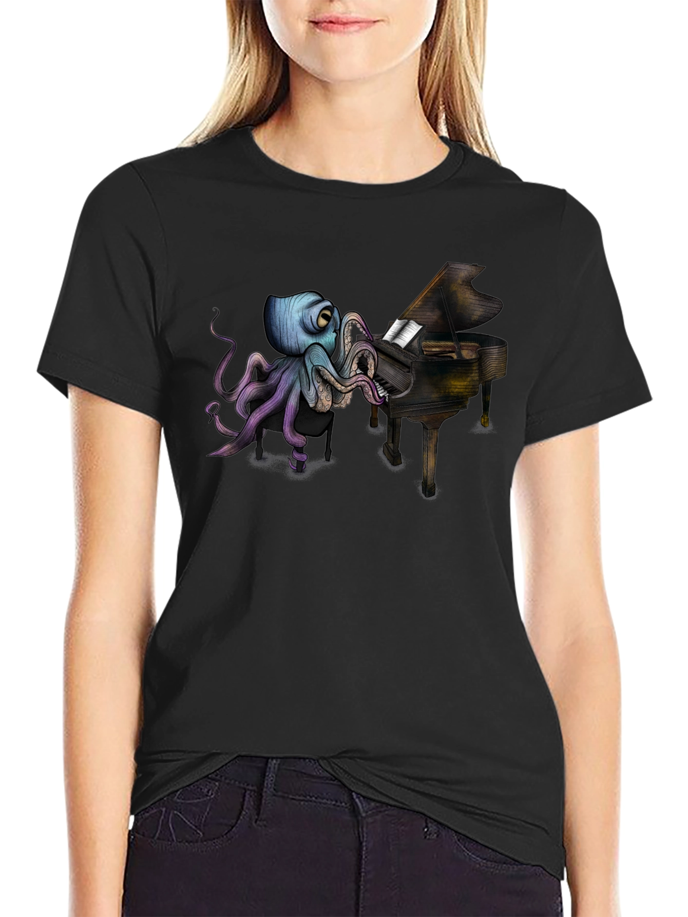 Octopus Pianist Black T-Shirt