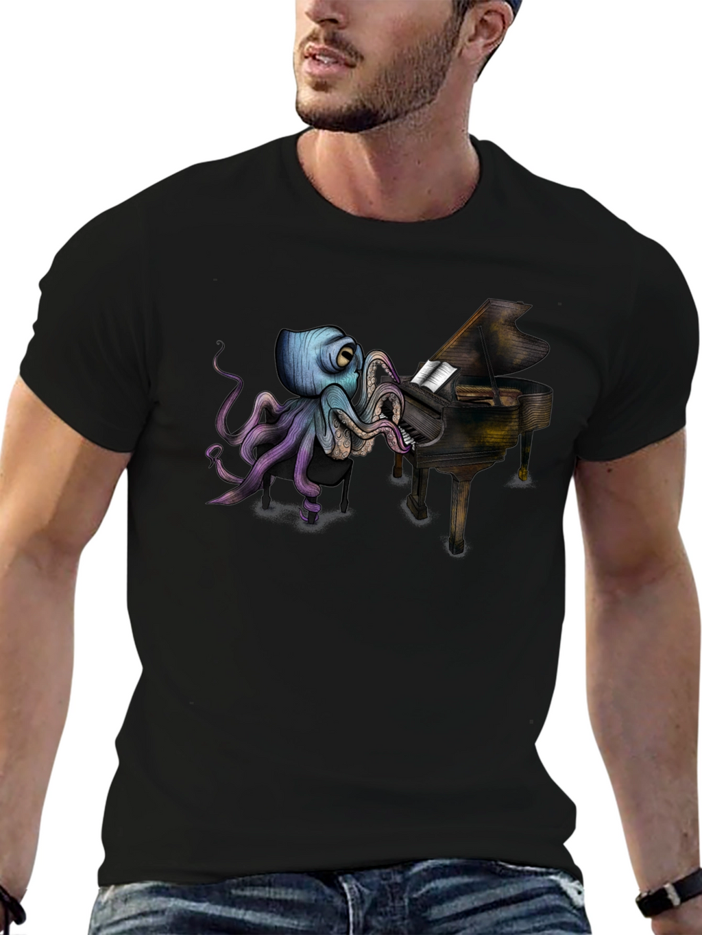 Octopus Pianist Black T-Shirt
