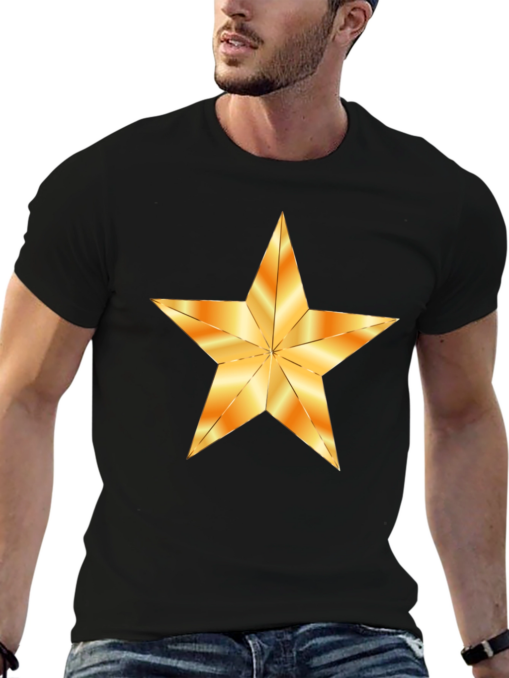 Black T-Shirt with Golden Star Graphic