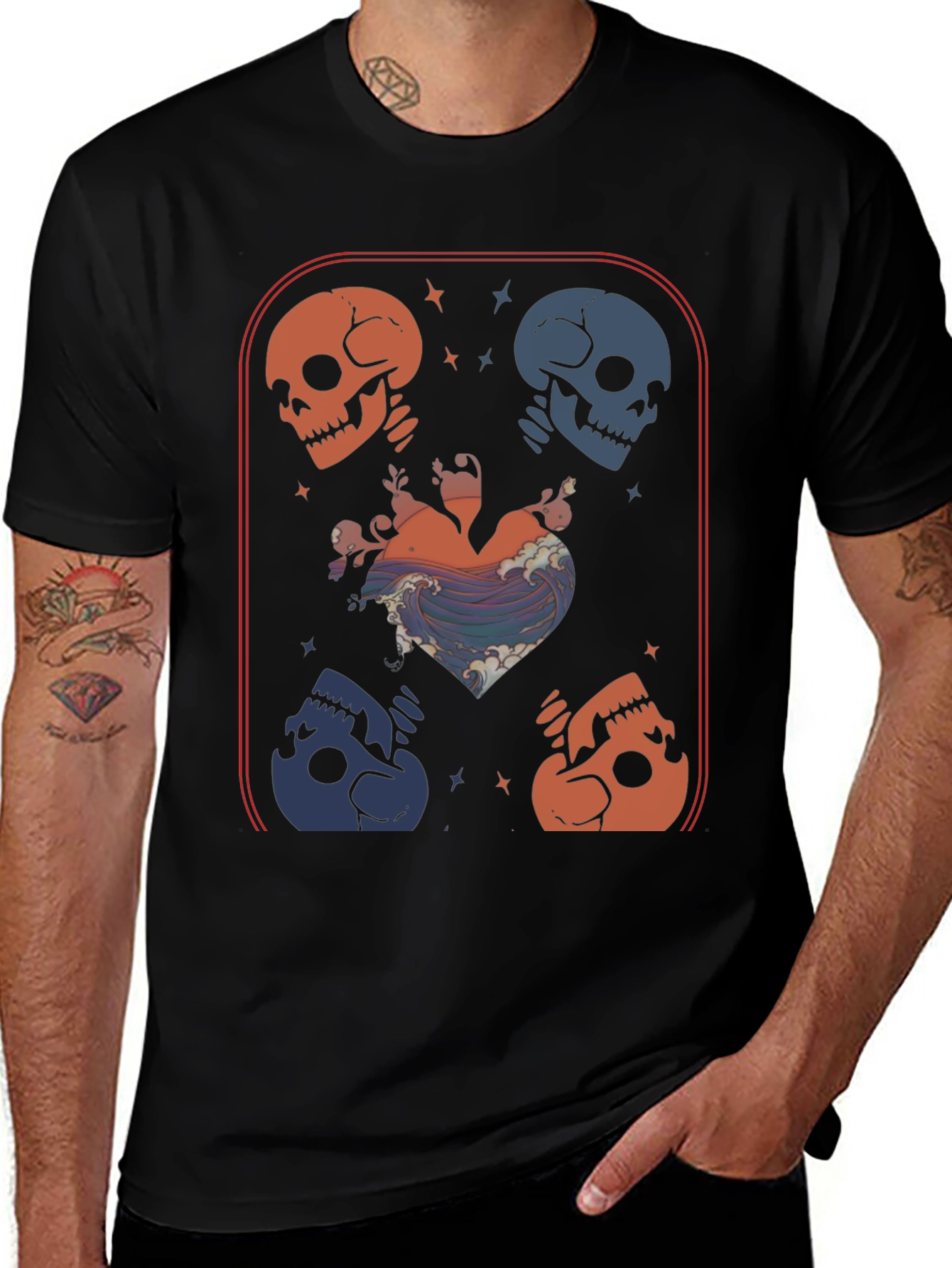 Skull Heart Wave Graphic Tee - Edgy Aesthetic