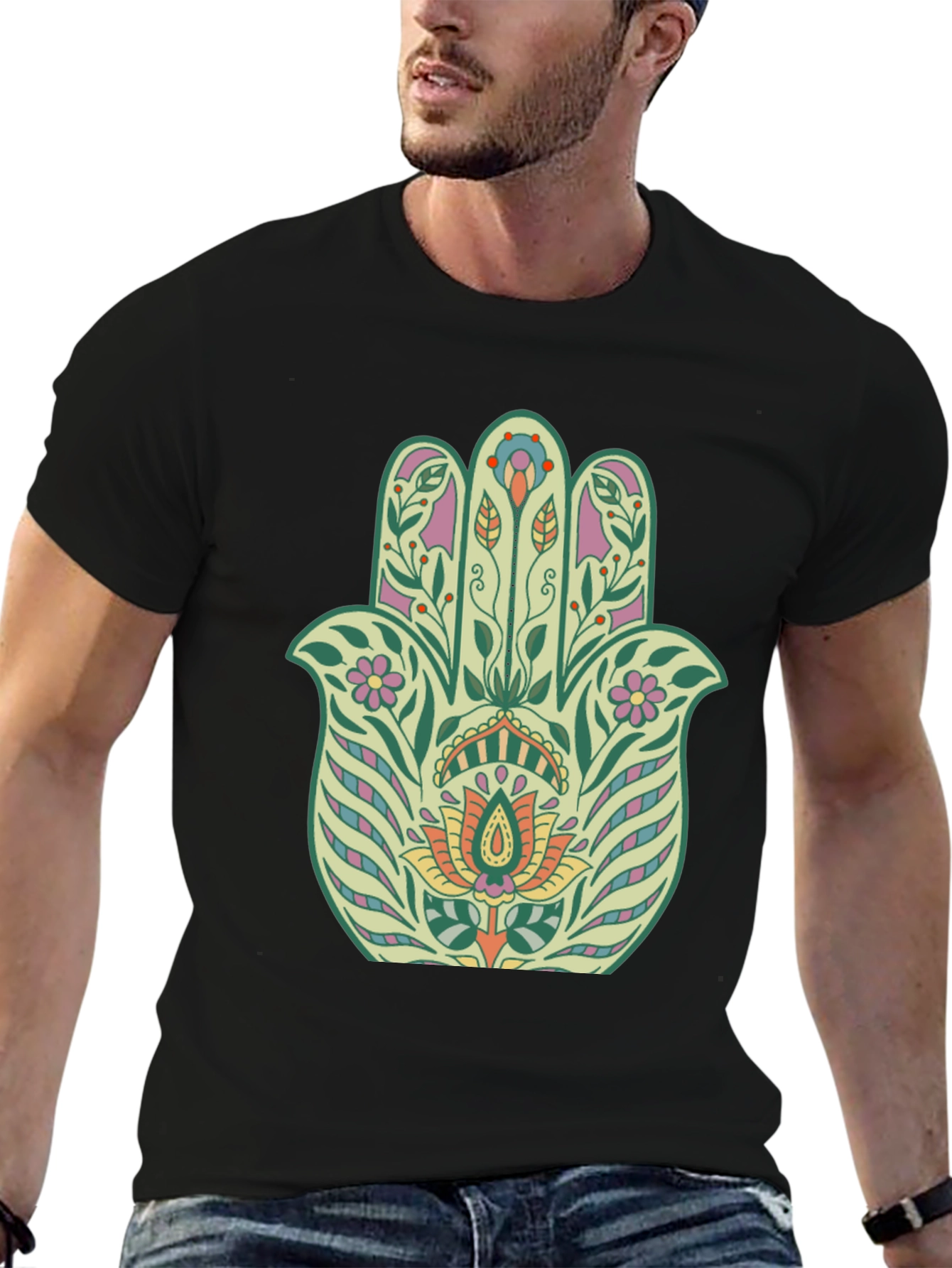 Floral Hamsa Graphic Tee - Black
