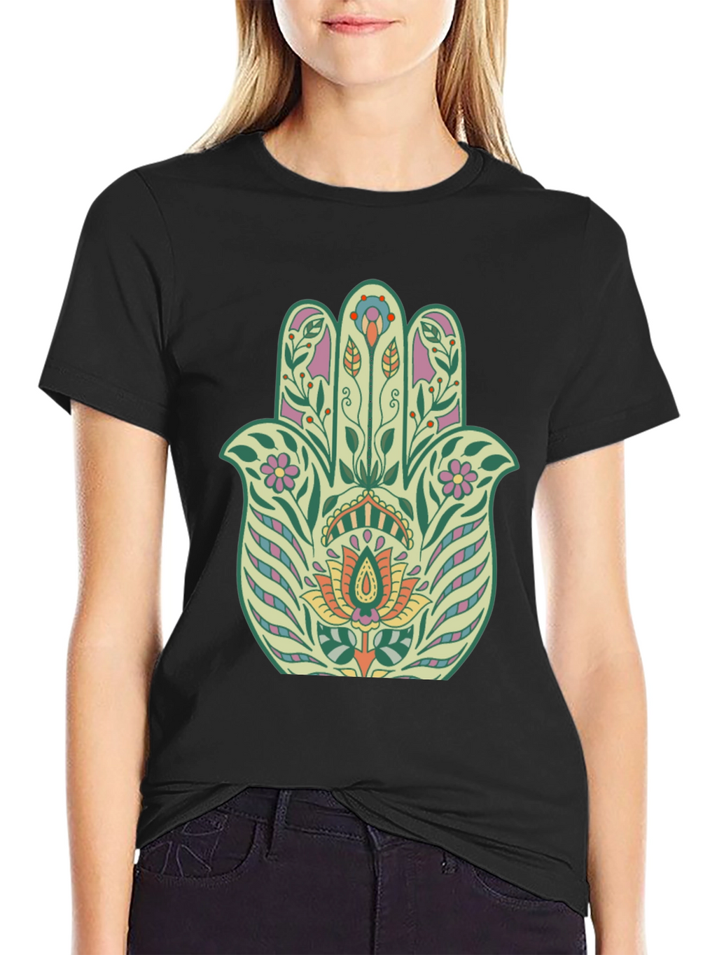 Floral Hamsa Graphic Tee - Black