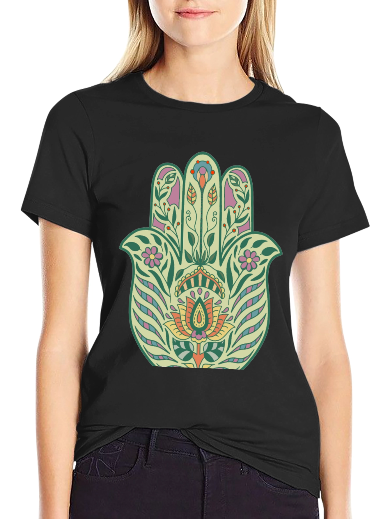 Floral Hamsa Graphic Tee - Black