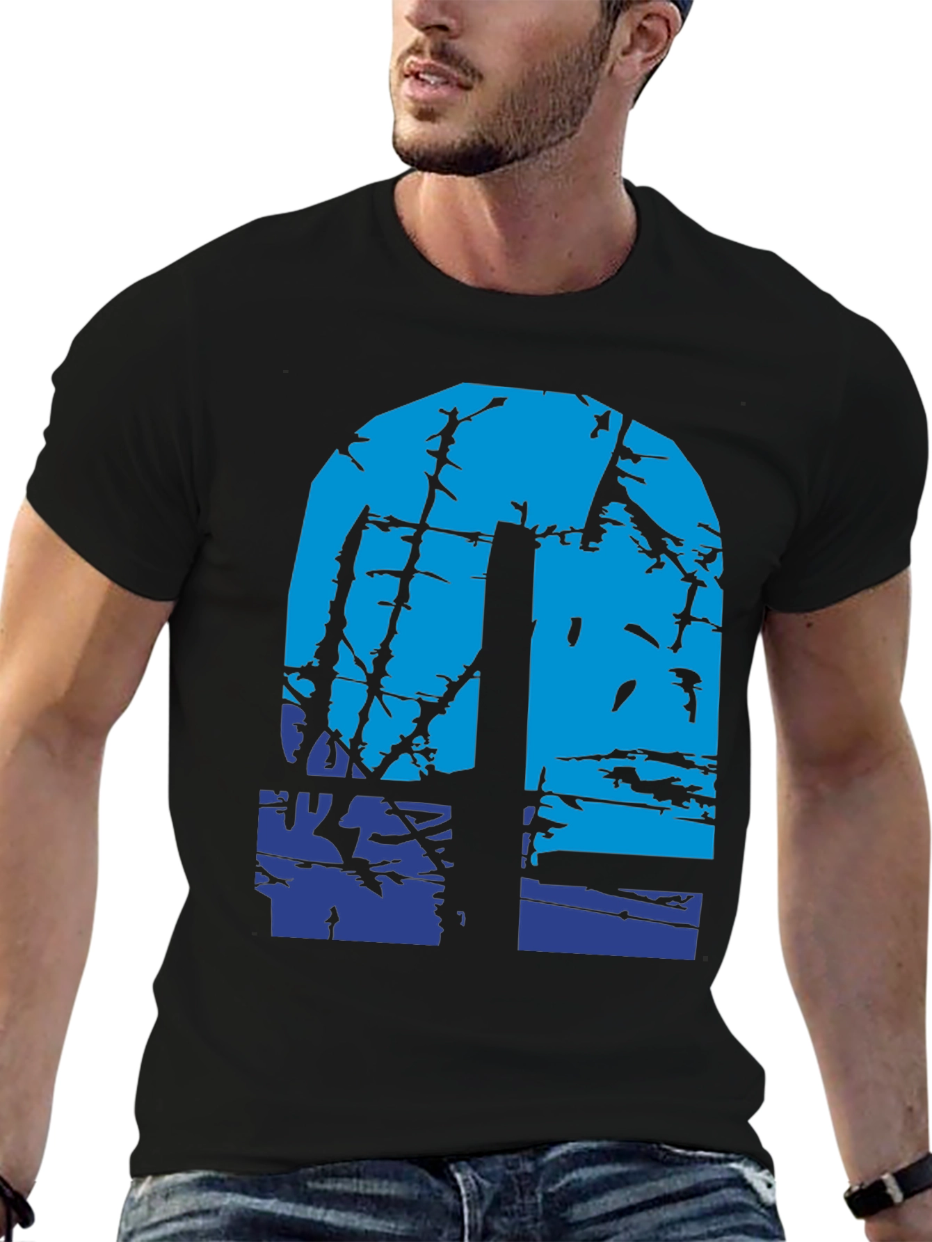 Abstract Blue Graphic Print Black T-Shirt