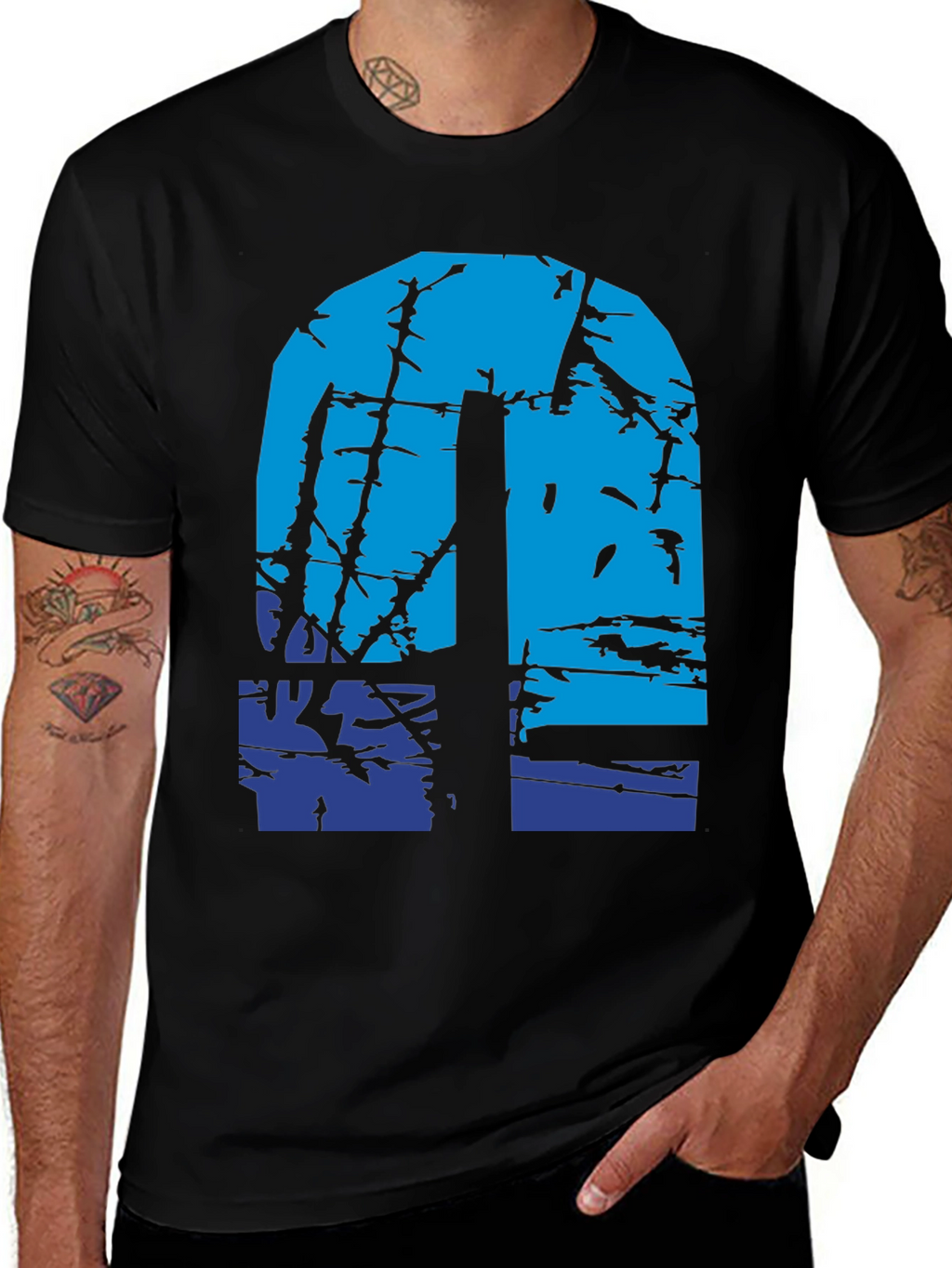 Abstract Blue Graphic Print Black T-Shirt