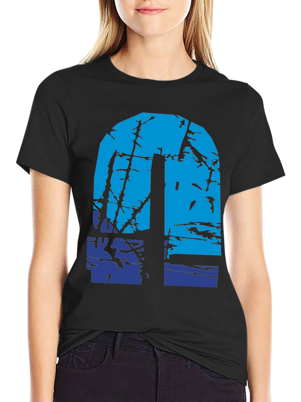 Abstract Blue Graphic Print Black T-Shirt