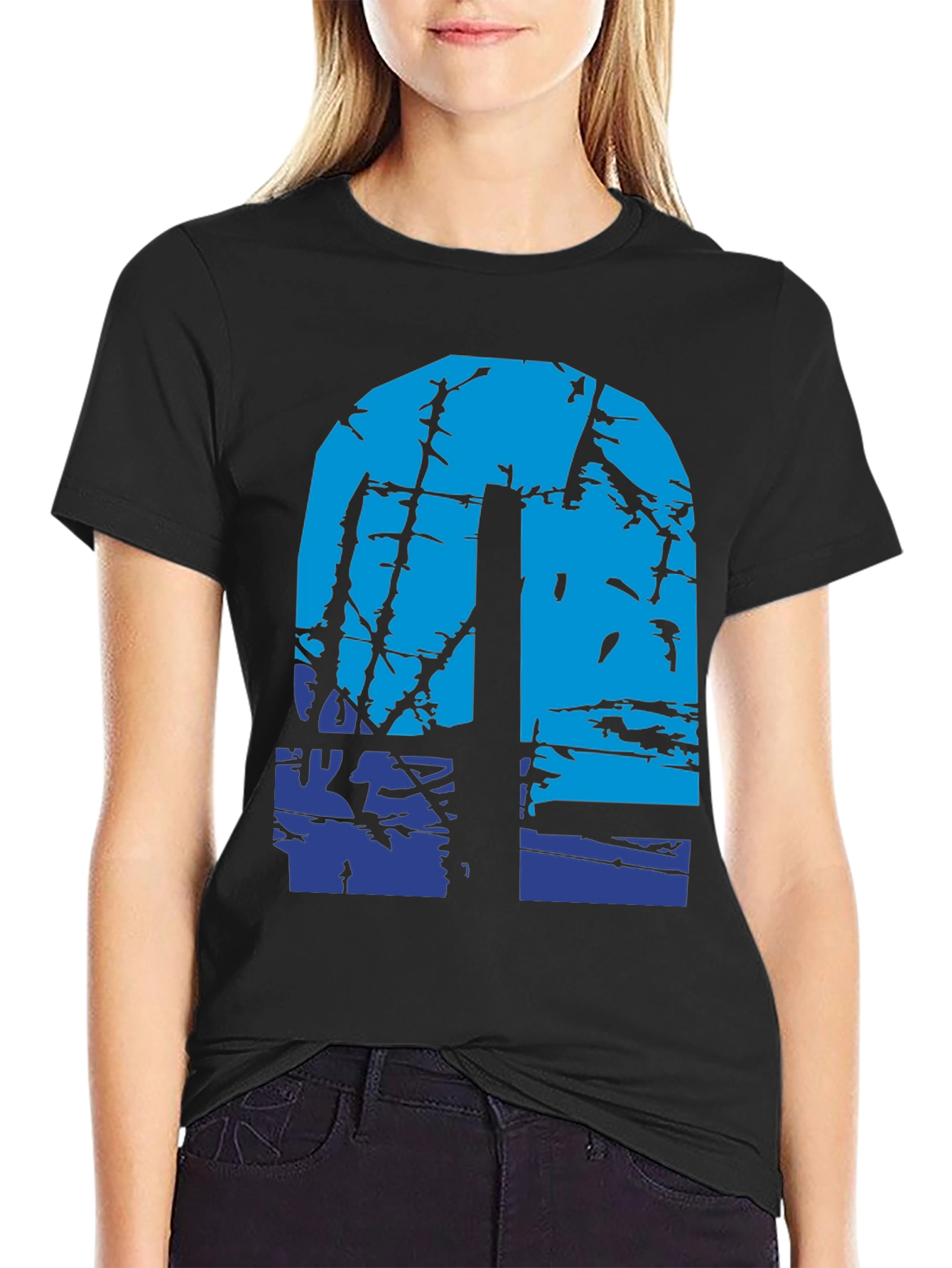 Abstract Blue Graphic Print Black T-Shirt