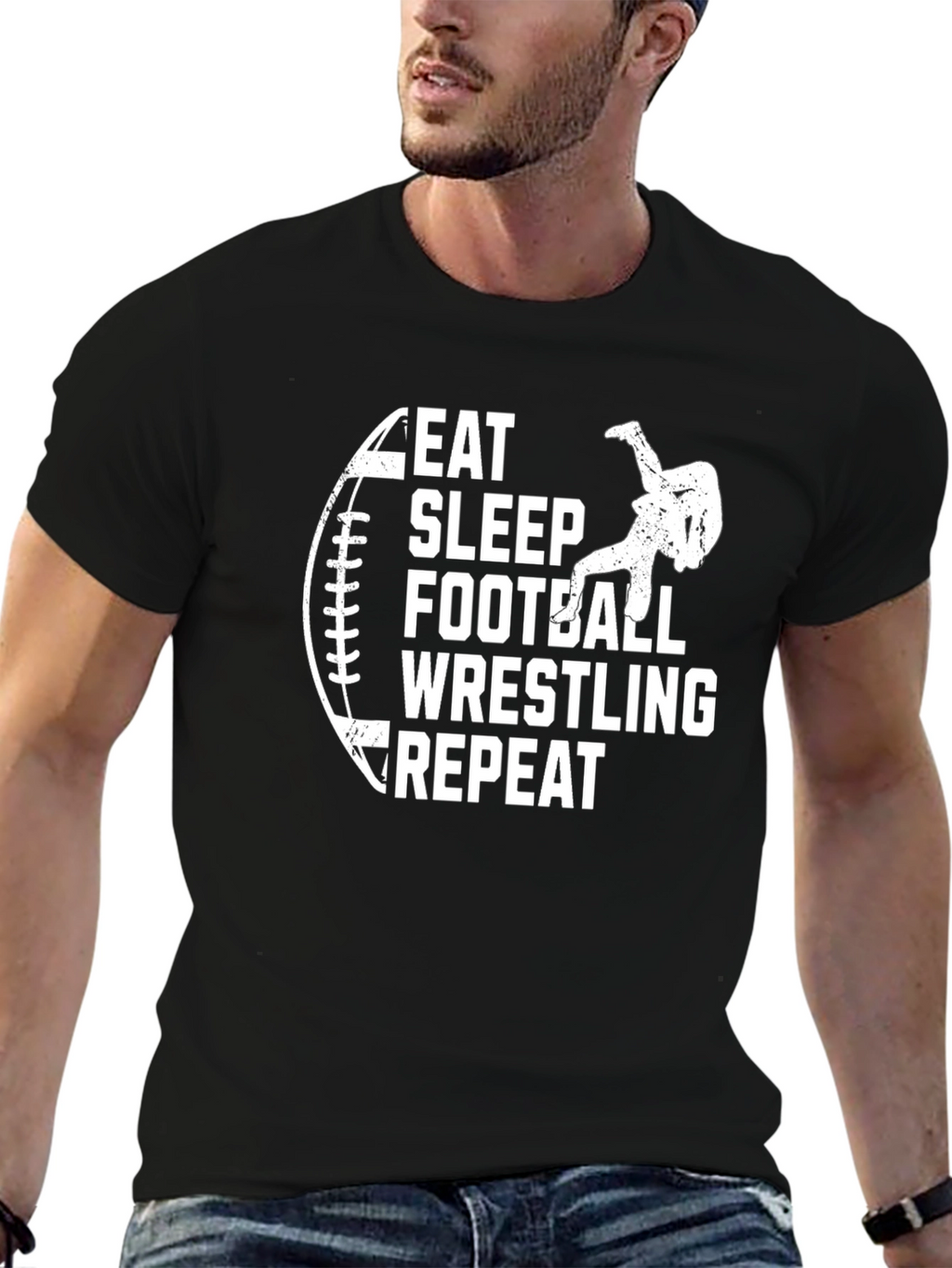 Eat Sleep Football Wrestling Repeat Black T-Shirt