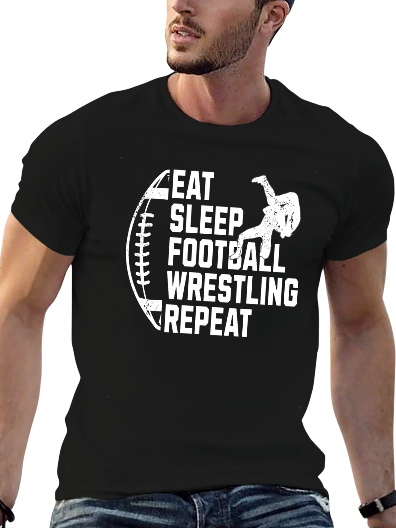 Eat Sleep Football Wrestling Repeat Black T-Shirt