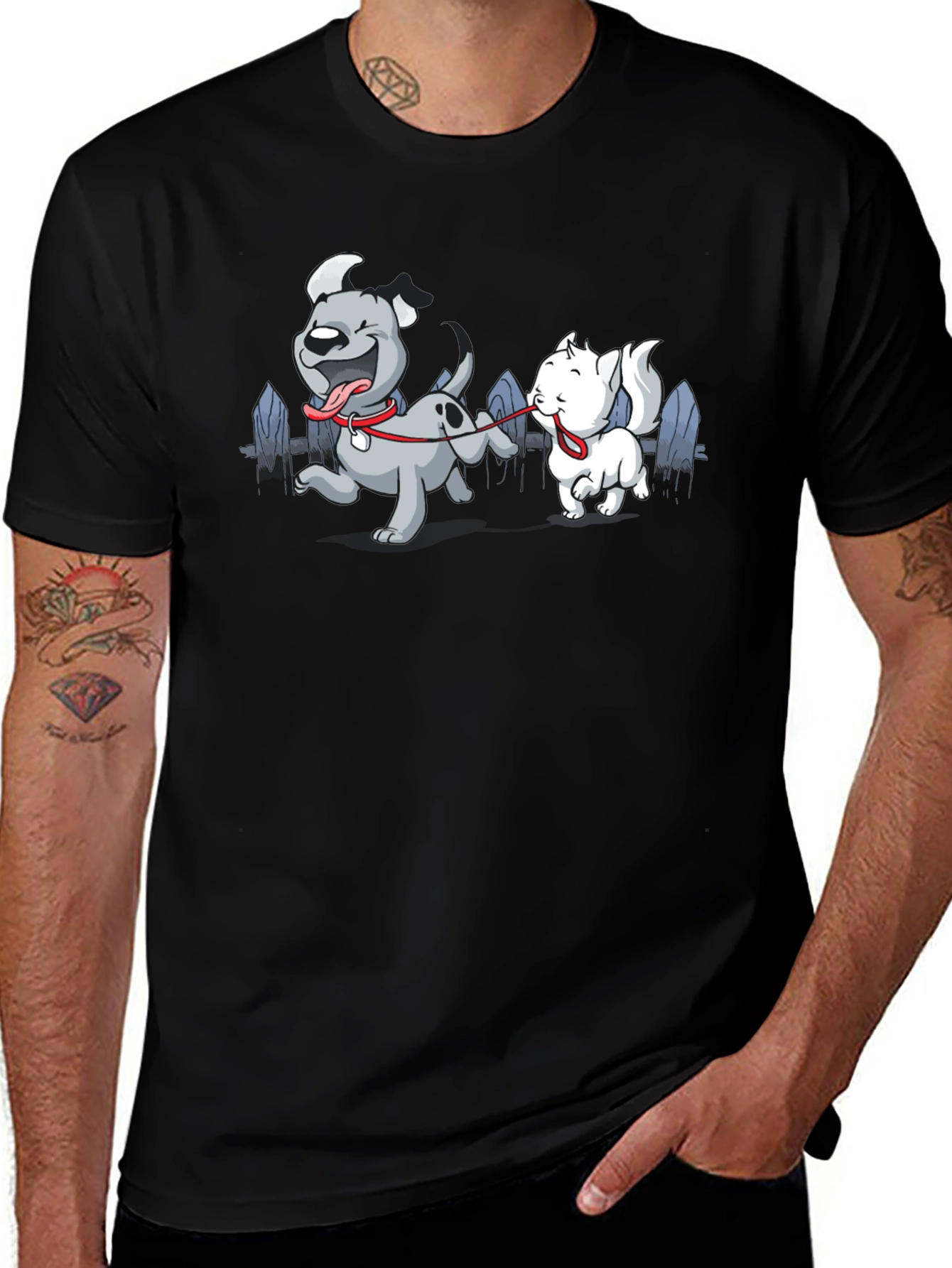 Dog & Cat Cartoon Graphic Black T-Shirt