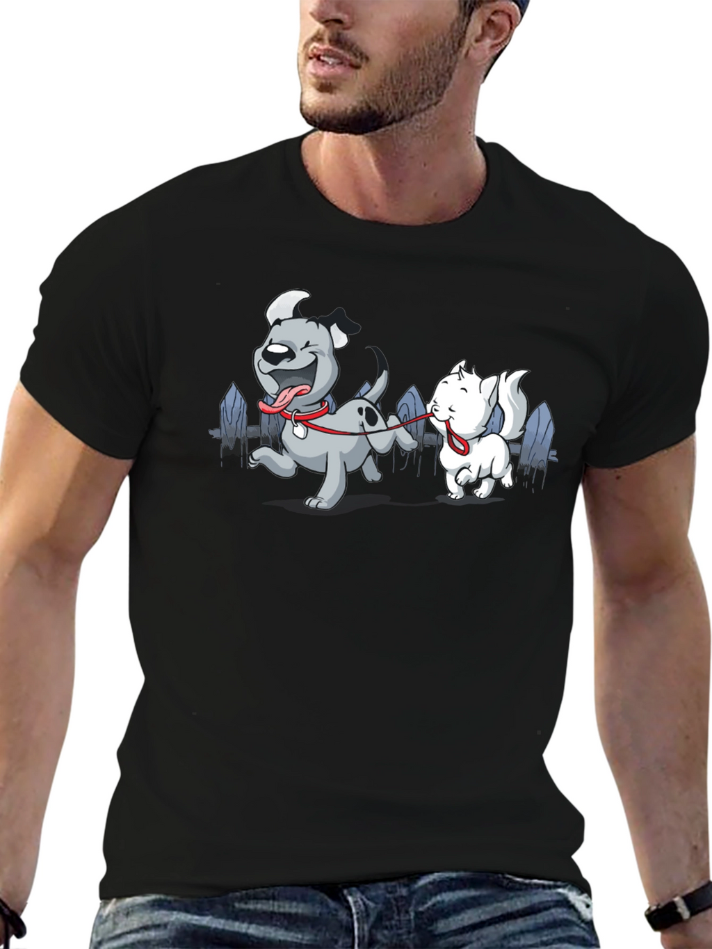 Dog & Cat Cartoon Graphic Black T-Shirt
