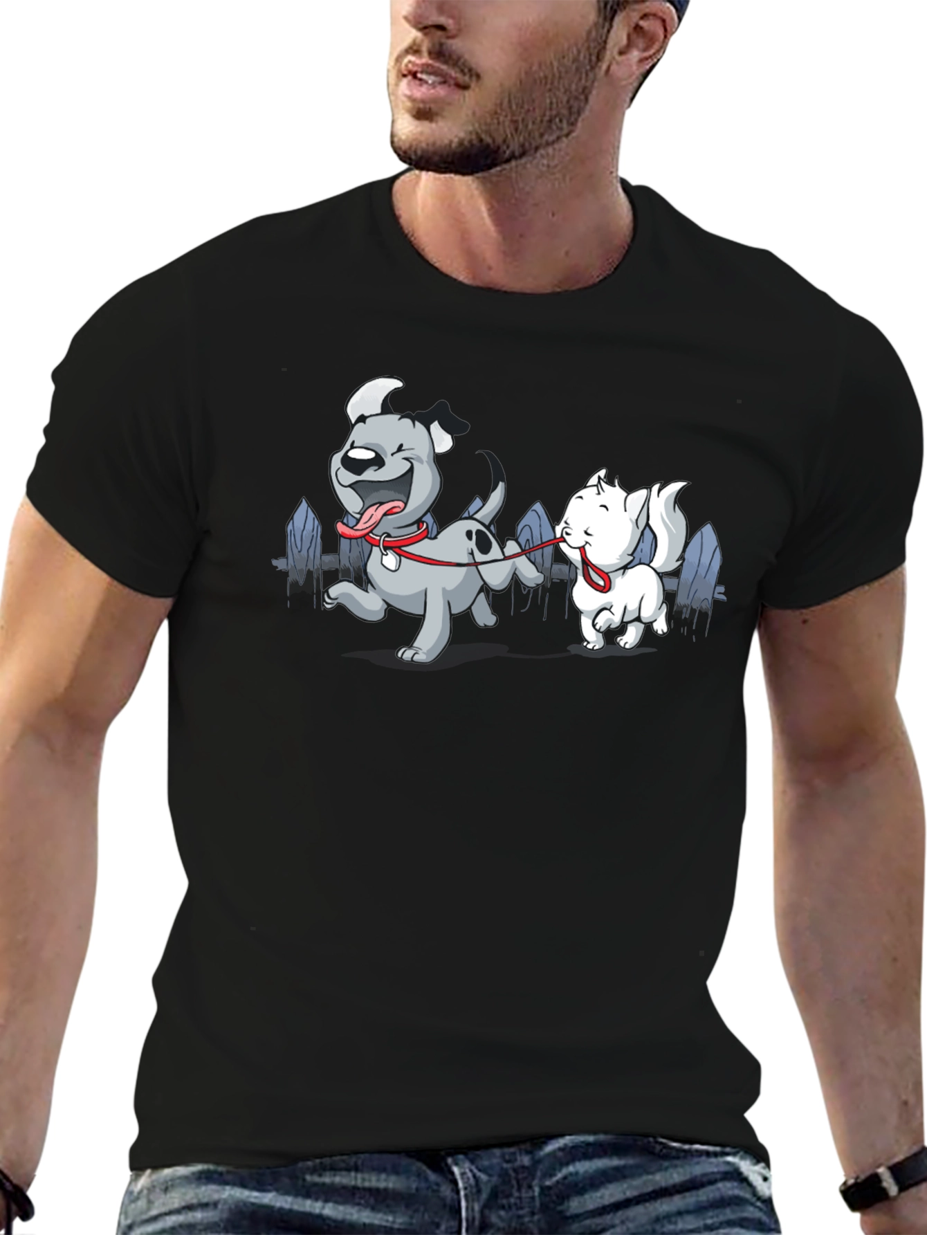Dog & Cat Cartoon Graphic Black T-Shirt
