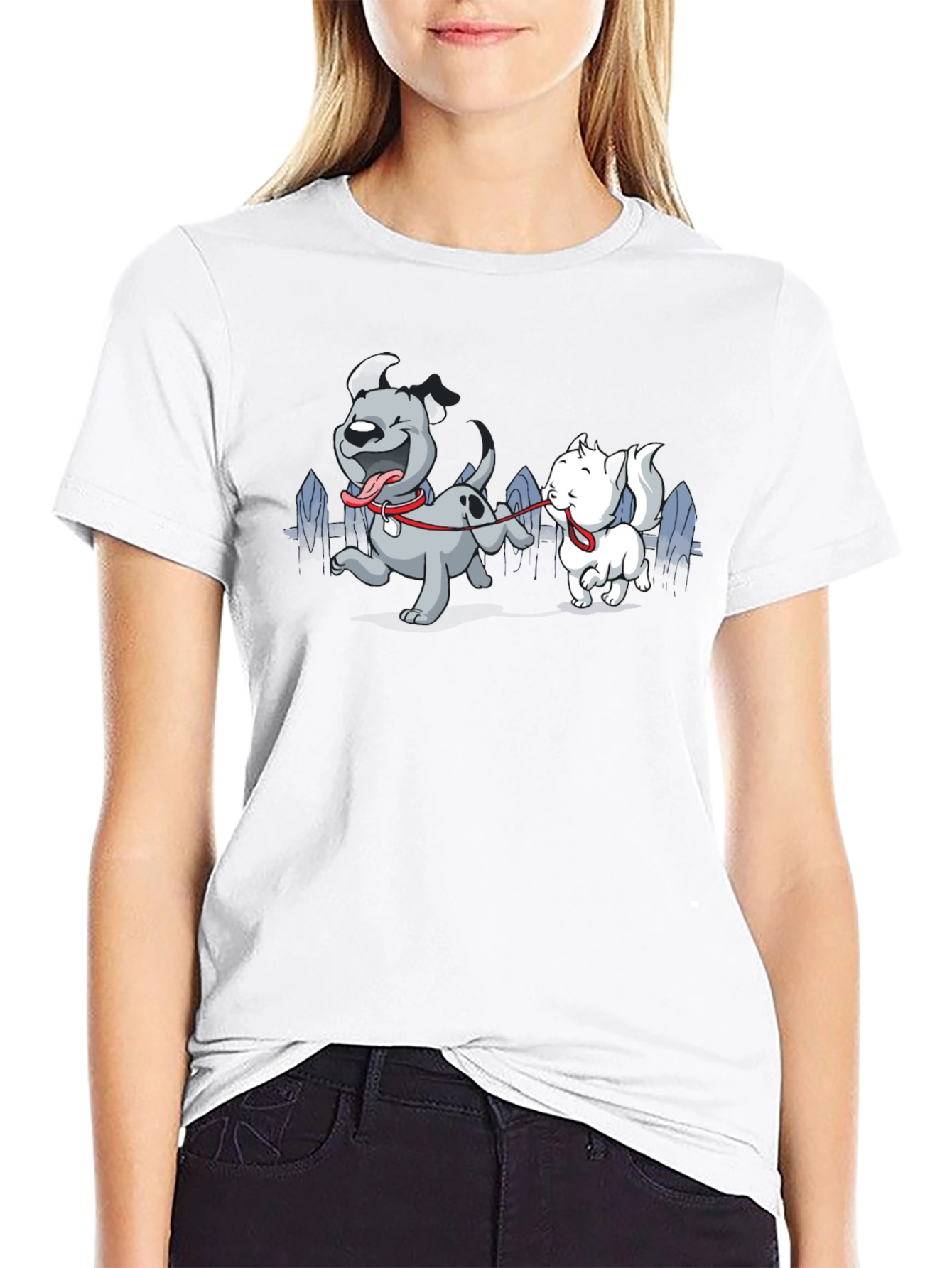 Dog & Cat Cartoon Graphic Black T-Shirt