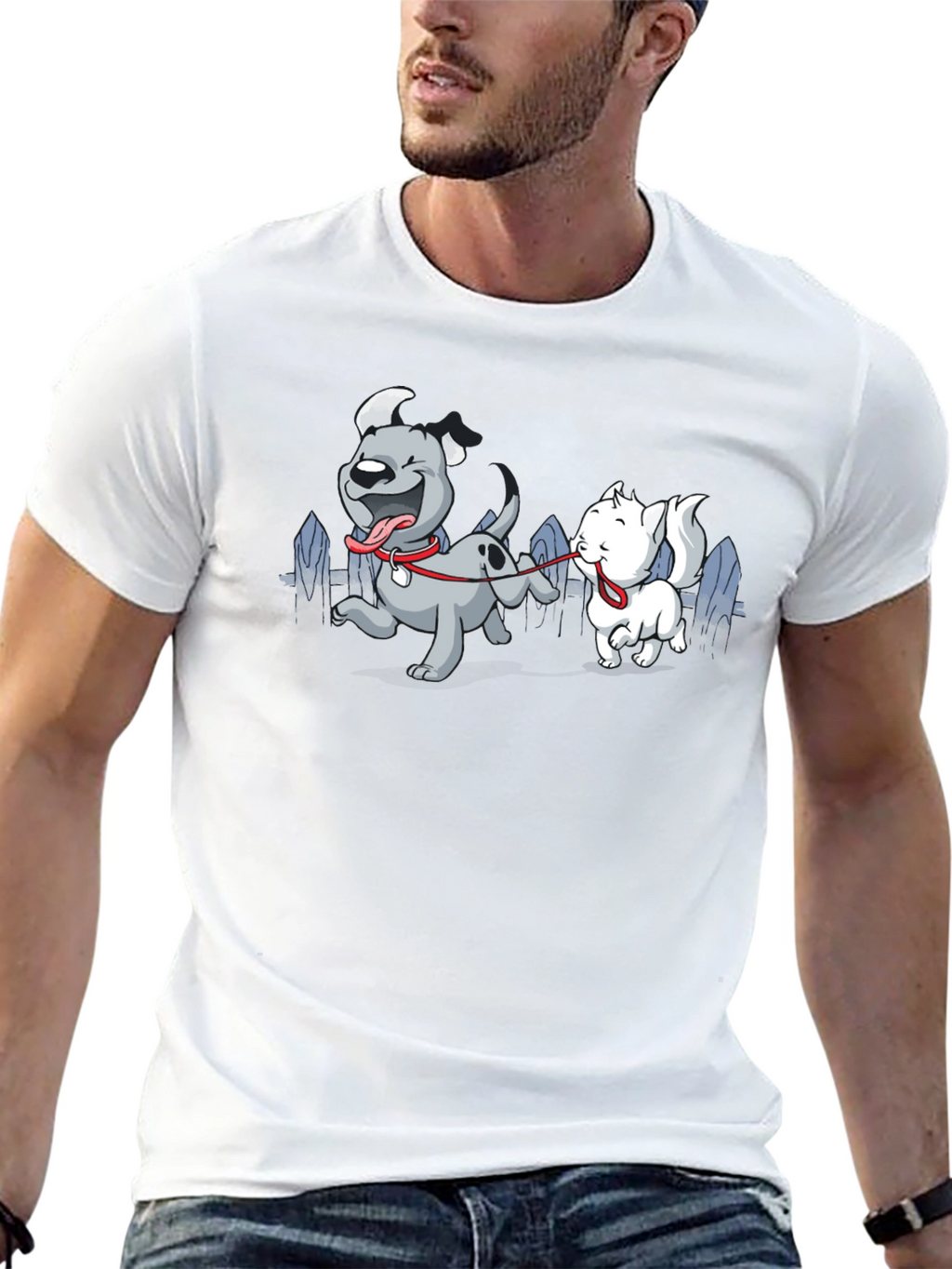 Dog & Cat Cartoon Graphic Black T-Shirt