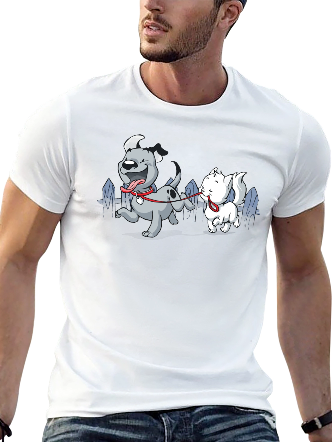 Dog & Cat Cartoon Graphic Black T-Shirt