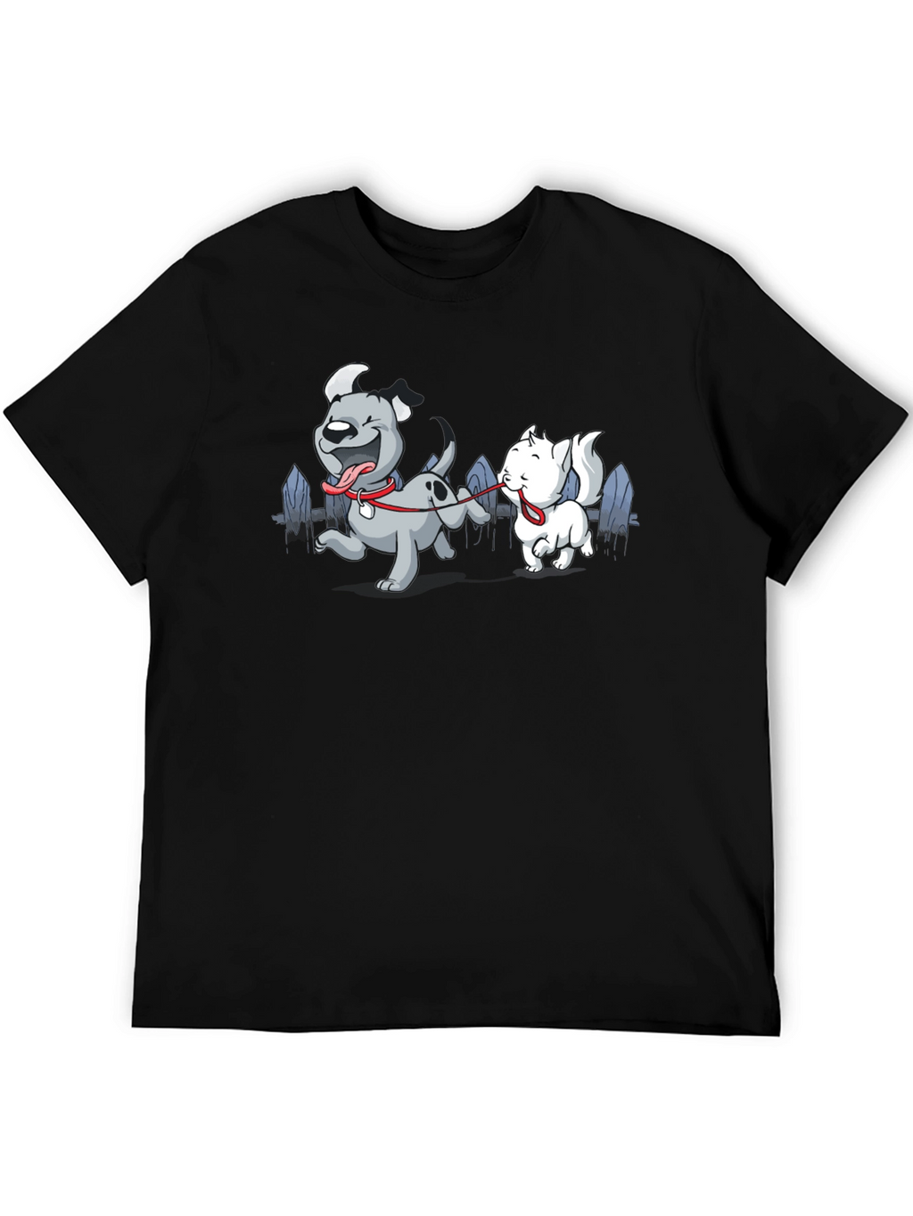 Dog & Cat Cartoon Graphic Black T-Shirt