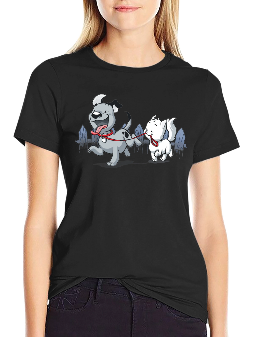 Dog & Cat Cartoon Graphic Black T-Shirt