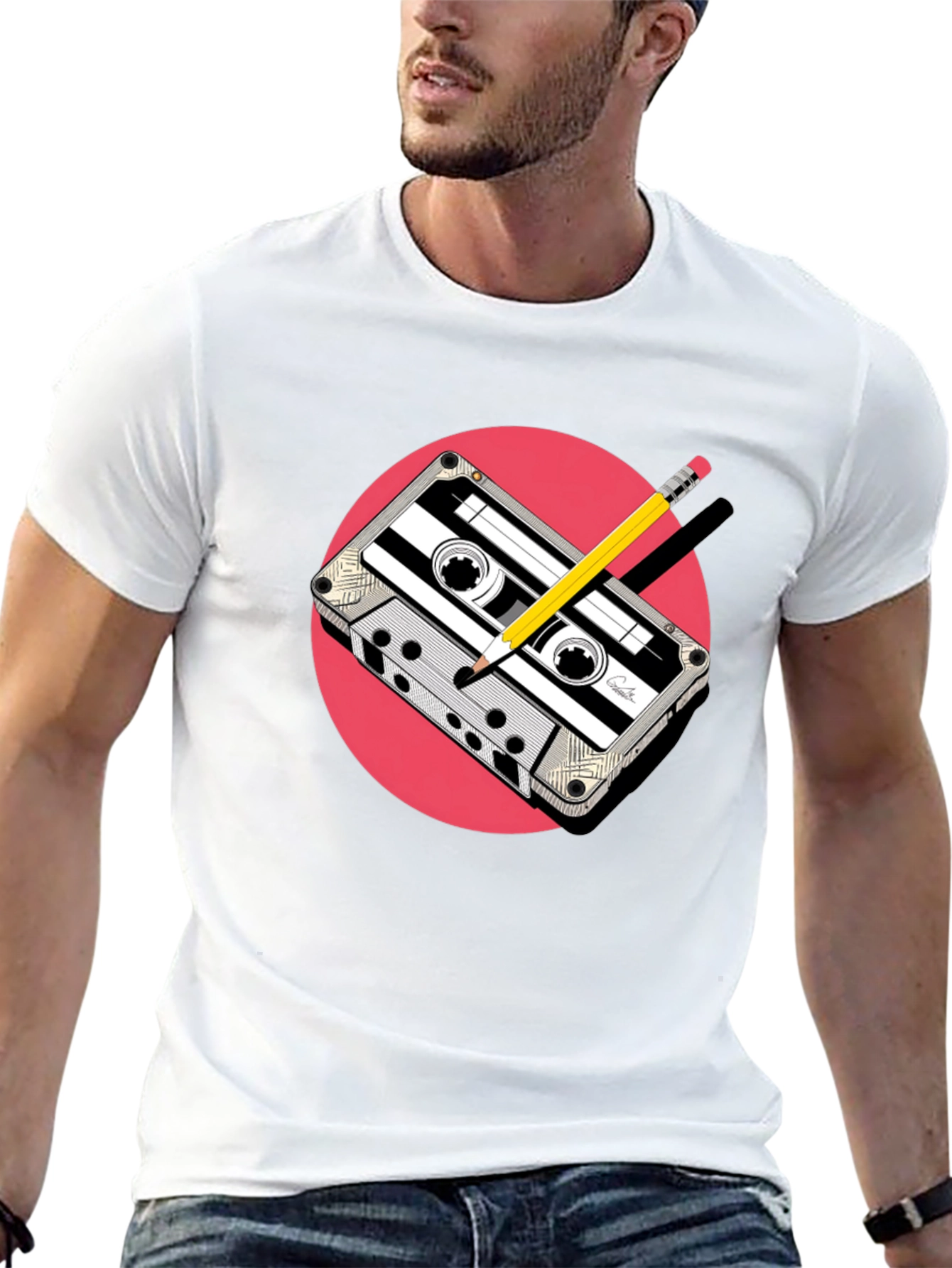 Retro Cassette & Pencil Graphic Tee - Classic Cool