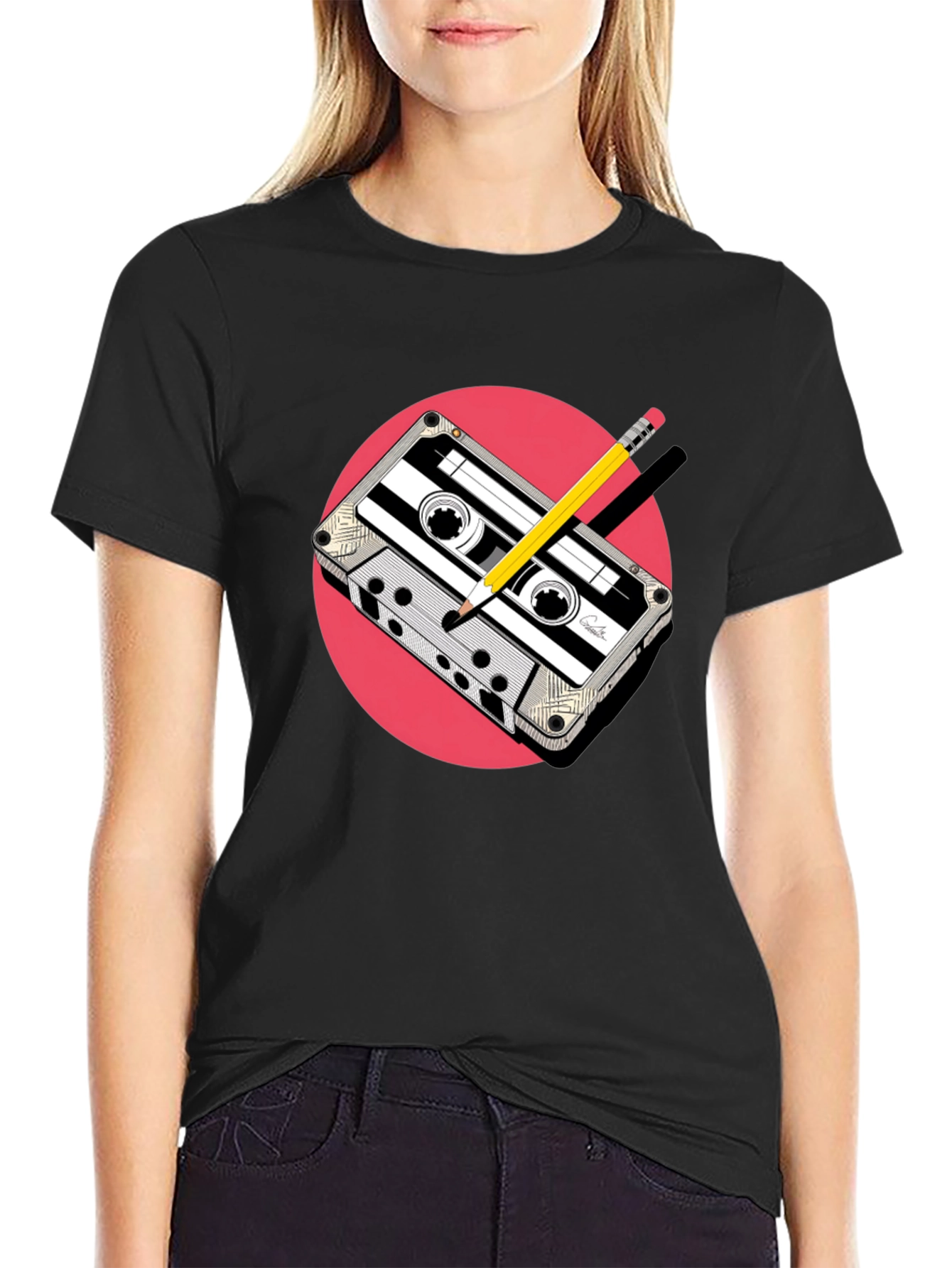 Retro Cassette & Pencil Graphic Tee - Classic Cool