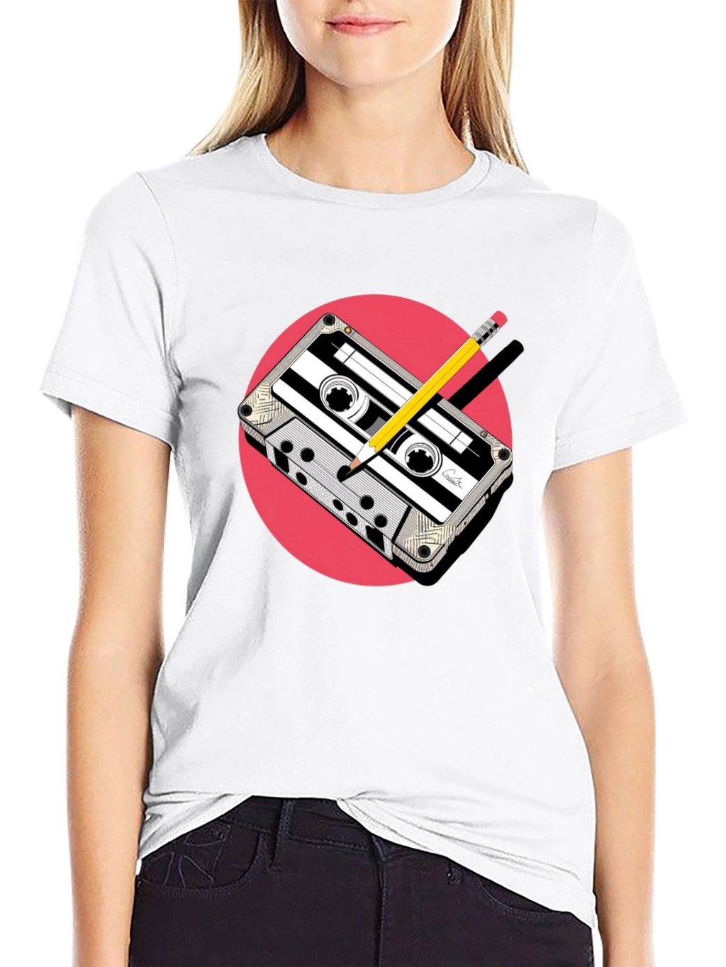 Retro Cassette & Pencil Graphic Tee - Classic Cool