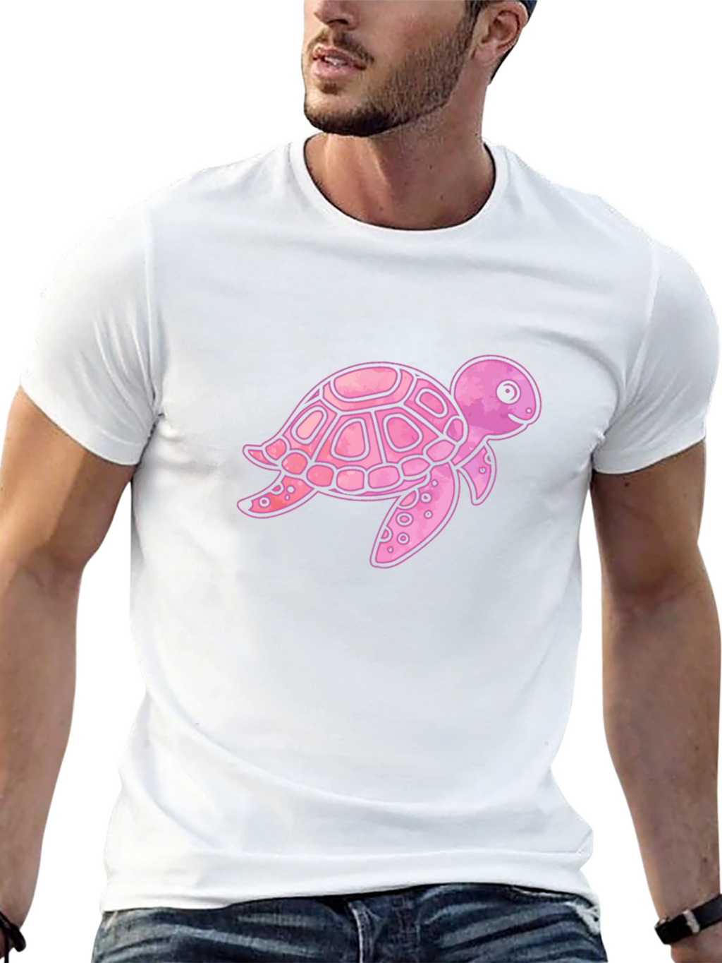 Pink Turtle Graphic Print Mens Black T-Shirt