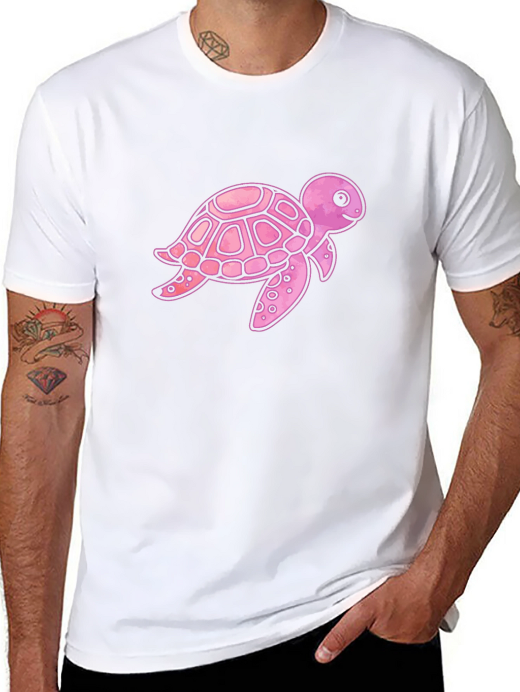 Pink Turtle Graphic Print Mens Black T-Shirt