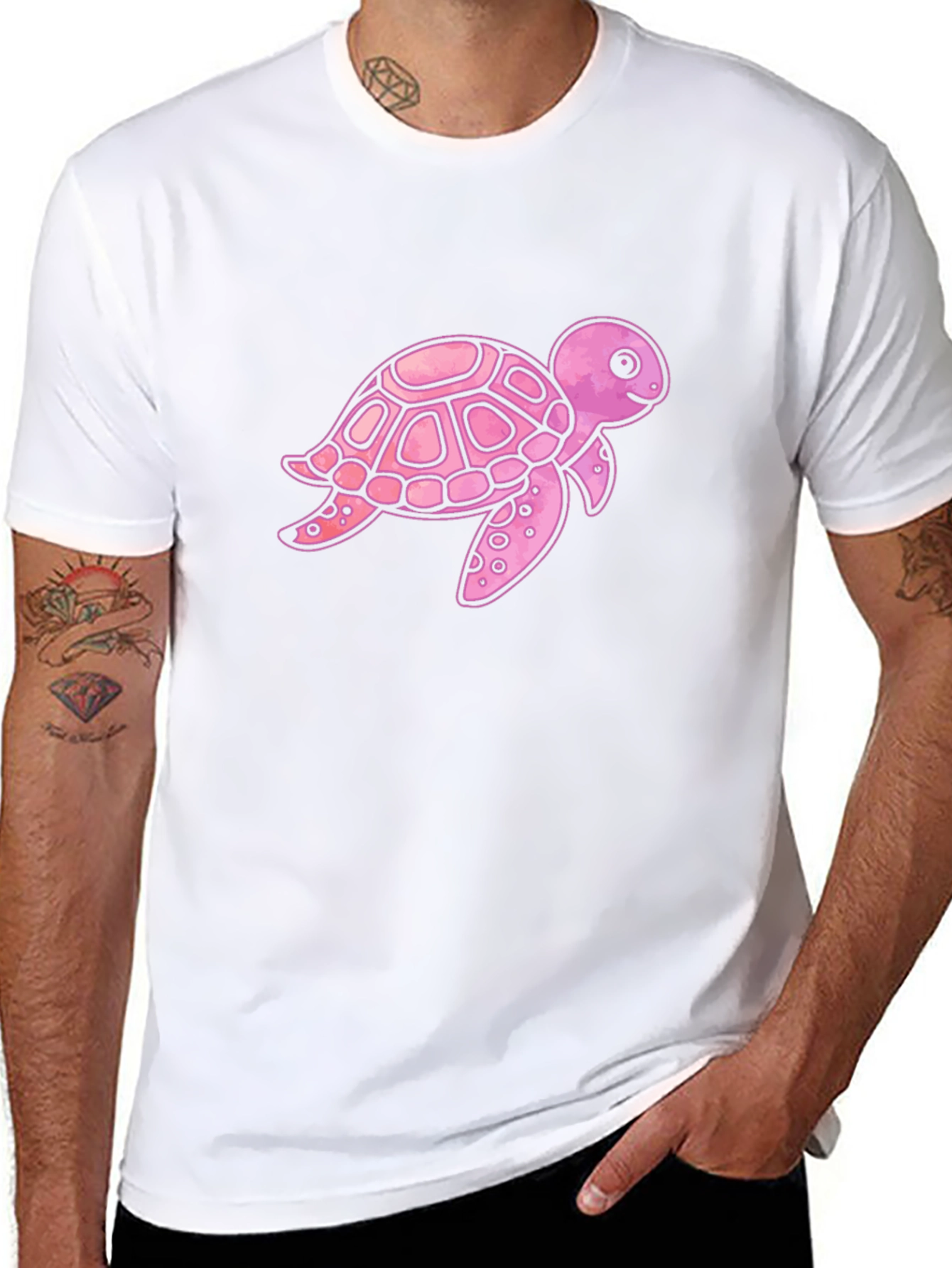 Pink Turtle Graphic Print Mens Black T-Shirt