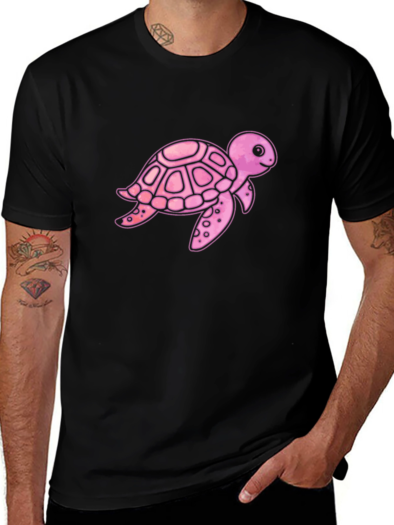 Pink Turtle Graphic Print Mens Black T-Shirt